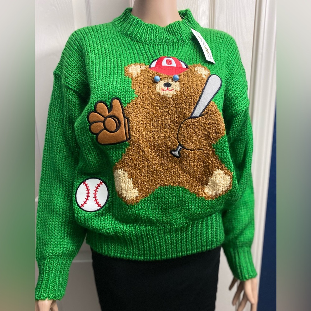 Charming Green Bear Baseball Knit Sweater